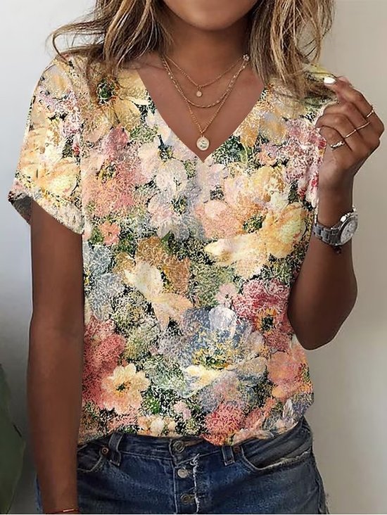 Print Casual V Neck Short Sleeve T-Shirt