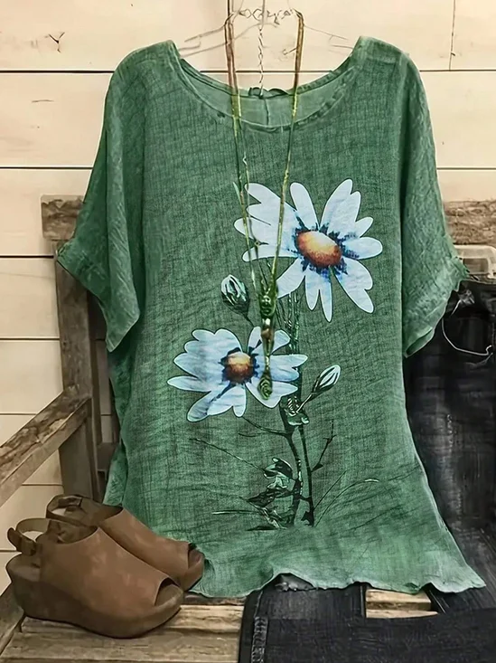 Dolman Sleeve Daisy Casual Crew Neck Loose T-Shirt