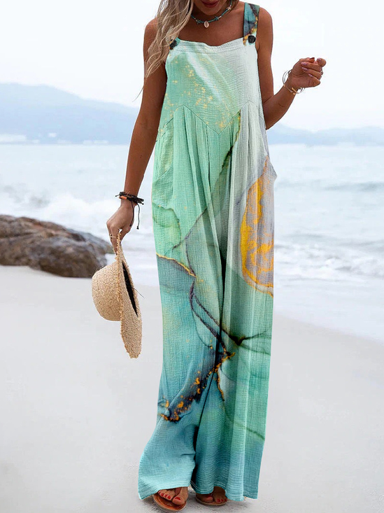 Vintage Loose Linen Blend Gradient Pattern Jumpsuit