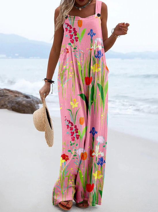 Casual Linen Blend Others Floral Jumpsuit