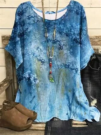 Crew Neck Dolman Sleeve Casual Linen T-Shirt