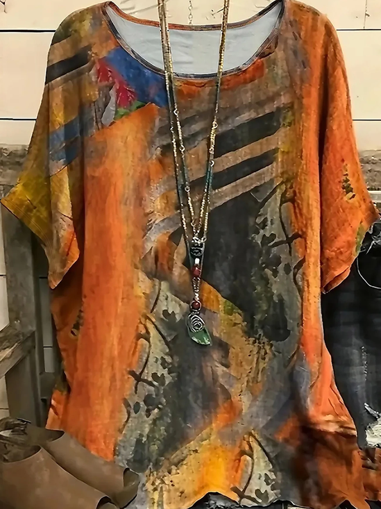 Women's Short Sleeve T-shirt Summer Orange Abstract Printing Crew Neck Daily Going Out Casual Top