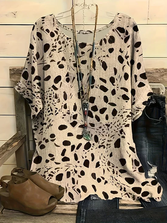 Women's Short Sleeve T-shirt Summer Khaki Leopard Printing Crew Neck Daily Going Out Casual Top