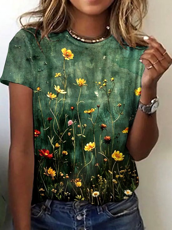 Crew Neck Casual Painting Cotton T-Shirt