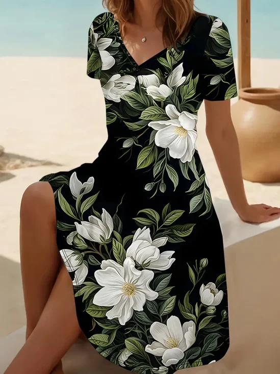 V Neck Casual Cotton Floral Dress With No