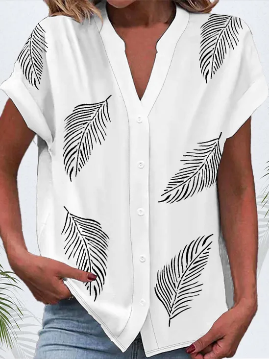 Women's Short Sleeve Shirt Summer White Feather Buckle V Neck Daily Going Out Casual Top