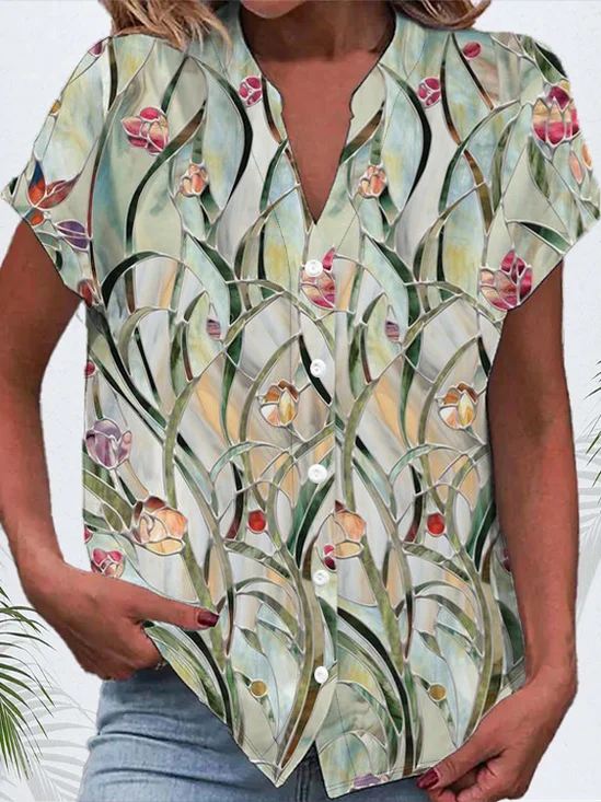 Women's Short Sleeve Shirt Summer Green Floral Buckle V Neck Daily Going Out Casual Top
