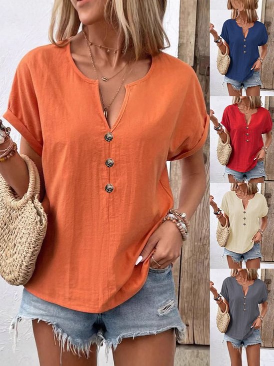 Women's Short Sleeve T-Shirt Summer Orange Solid V-Neck Bat Sleeve Daily Outing Casual Tops