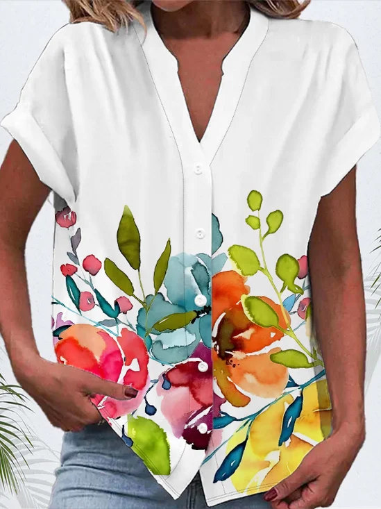 Women's Short Sleeve Shirt Summer White Floral Buckle V Neck Daily Going Out Casual Top