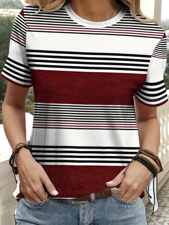 Women's Striped Printed Casual Round Neck Short Sleeve T-Shirt
