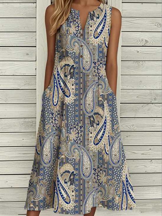 Casual Notched Paisley Loose Dress With No