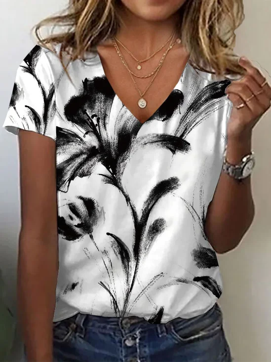 Women's Floral Print Casual V-Neck Short Sleeve T-Shirt