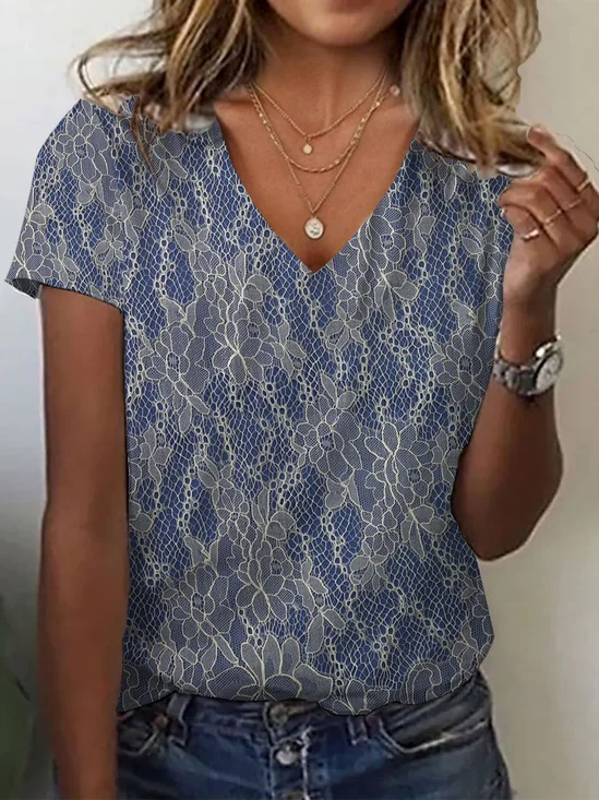 Women's Floral Print Casual V-Neck Short Sleeve T-Shirt
