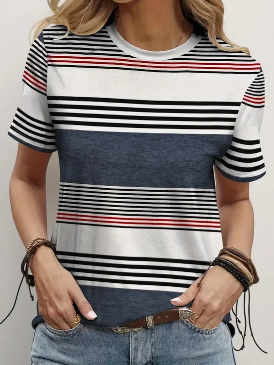 Women's Striped Printed Casual Round Neck Short Sleeve T-Shirt