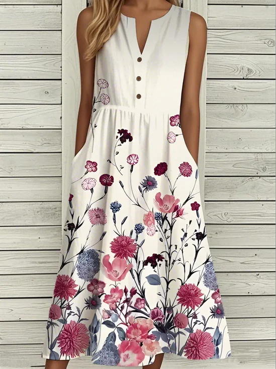 Casual Buckle Loose Floral Dress With No