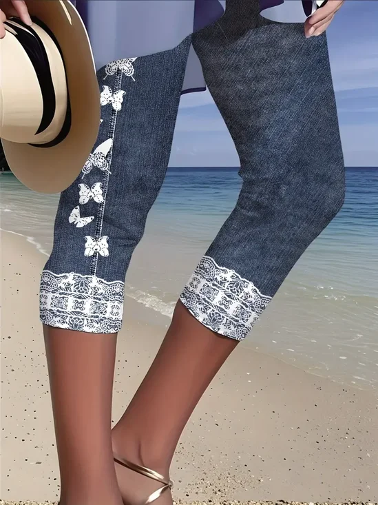 Regular Fit Casual Faux Denim Print Graphic Pants