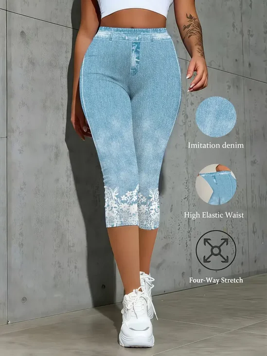 Regular Fit Casual Faux Denim Print Graphic Pants