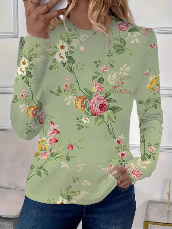 Women's Floral Print Casual Crew Neck Long Sleeve T-Shirt