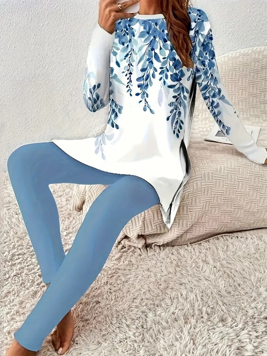Women's Floral Print Casual Long Sleeve T-Shirt Leggings Two-Piece Set