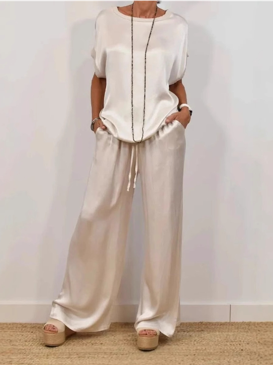 Women's Plain Daily Going Out Two-Piece Set White Casual Summer Top With Pants Matching Set