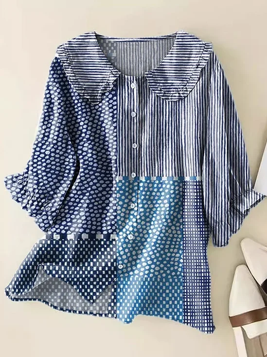 Women's Polka Dot Stripe Stitching Print Casual Peter Pan Collar Shirt