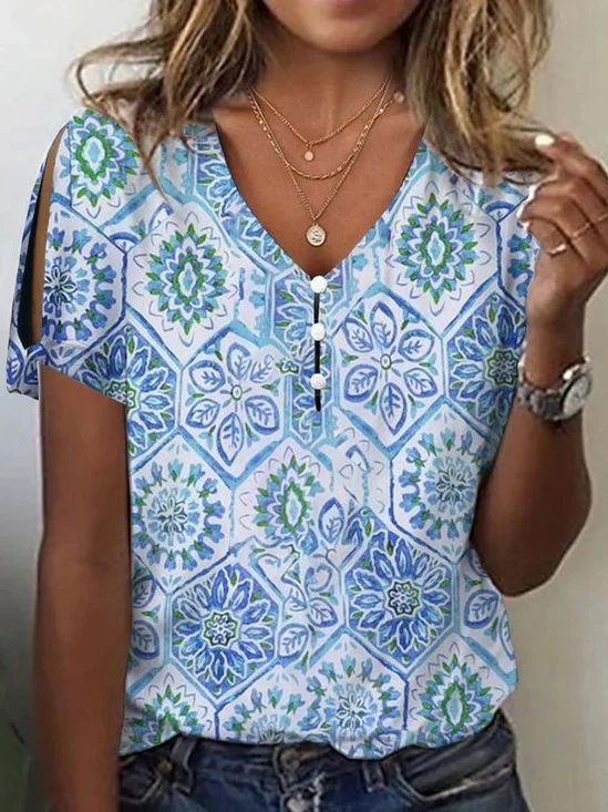 Women's Floral Print Pearl Button V-Neck Short Sleeve T-Shirt