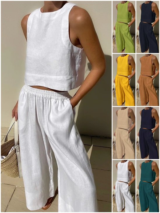 Women's Plain Daily Going Out Two-Piece Set White Casual Summer Top With Pants Matching Set