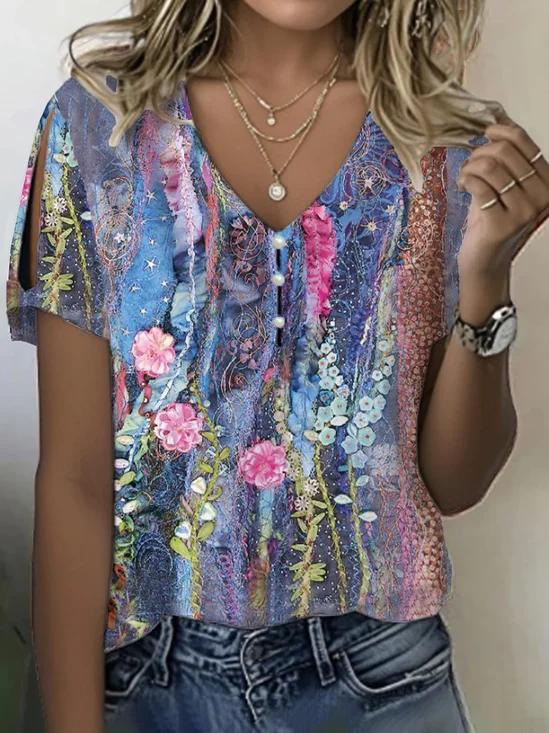 Women's Floral Print Pearl Button V-Neck Short Sleeve T-Shirt