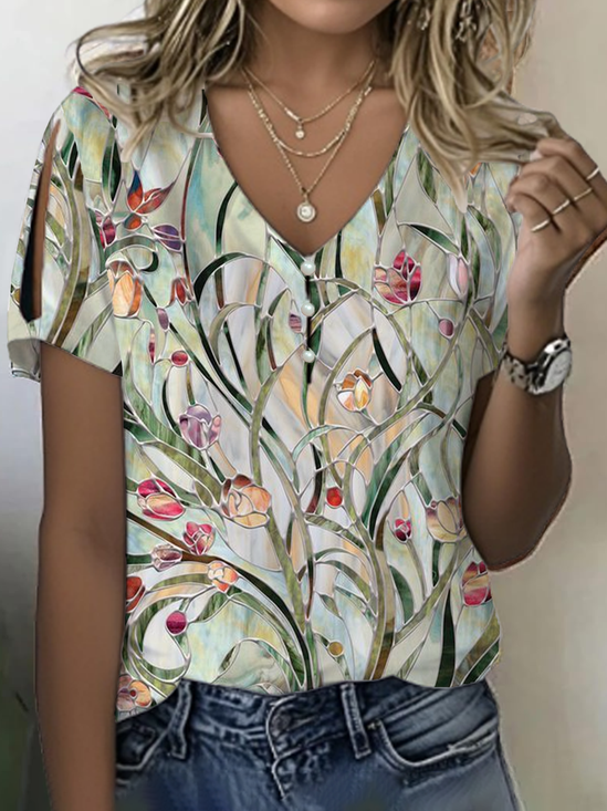 Women's Floral Print Pearl Button V-Neck Short Sleeve T-Shirt