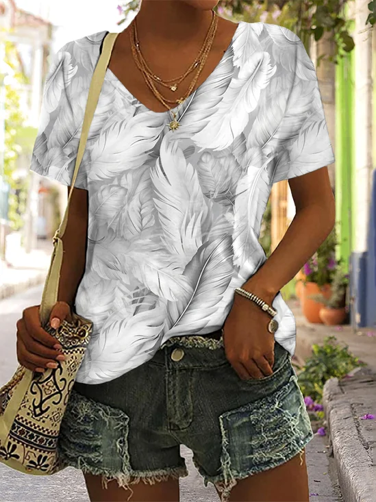 Floral V Neck Cotton Casual T-Shirt