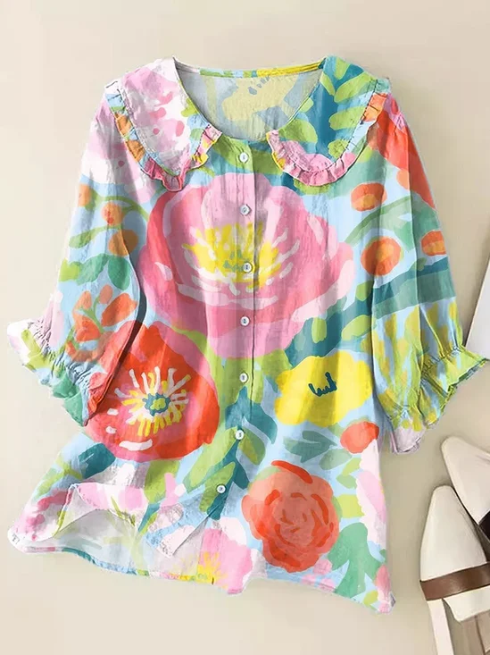 Women's Floral Print Casual Peter Pan Collar Shirt