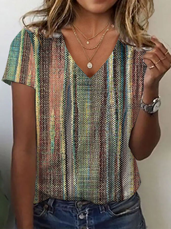 Women's Stripe Print Casual V-Neck Short Sleeve T-Shirt