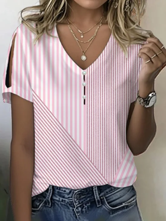 Women's Stripe Print Pearl Button V-Neck Short Sleeve T-Shirt