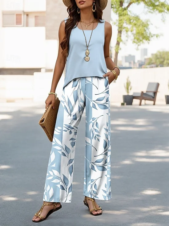 Floral Casual Crew Neck Regular Fit Two-Piece Set