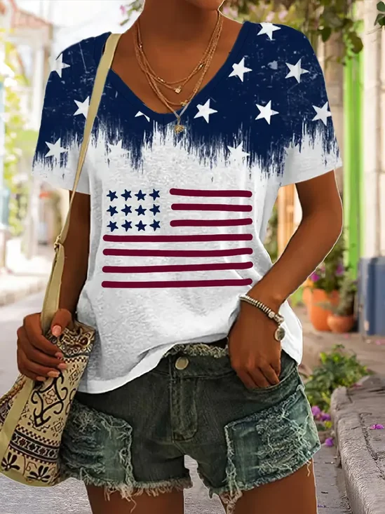 Casual V Neck America Flag T-Shirt