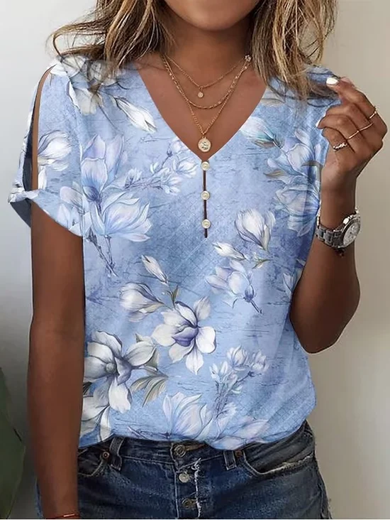 Print Casual V Neck Short Sleeve T-Shirt