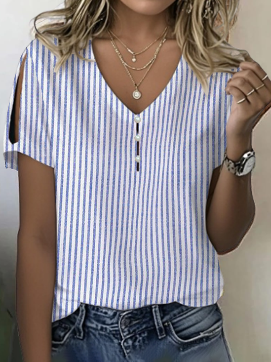 Women's Stripe Print Casual V-Neck Pearl Button T-Shirt