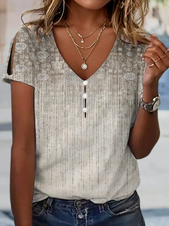 Print Casual V Neck Short Sleeve T-Shirt