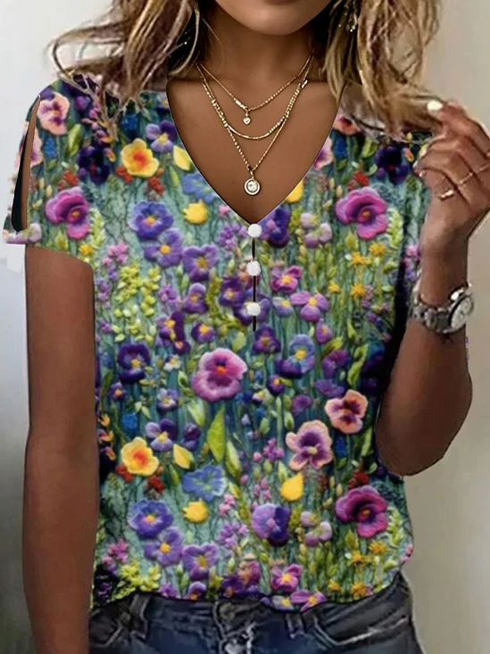 Print Casual V Neck Short Sleeve T-Shirt