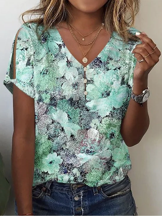 Women's Floral Print Casual V-Neck Pearl Button T-Shirt