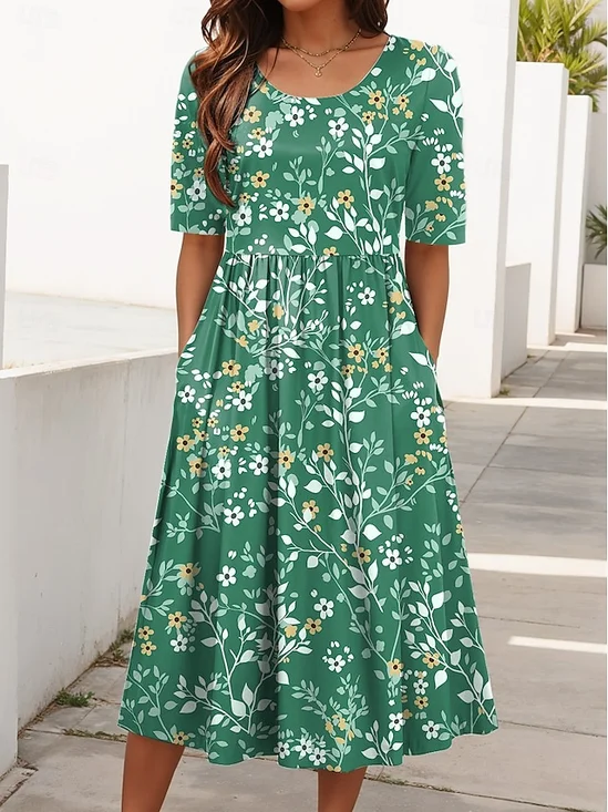 Crew Neck Cotton Regular Fit Casual Dress With No