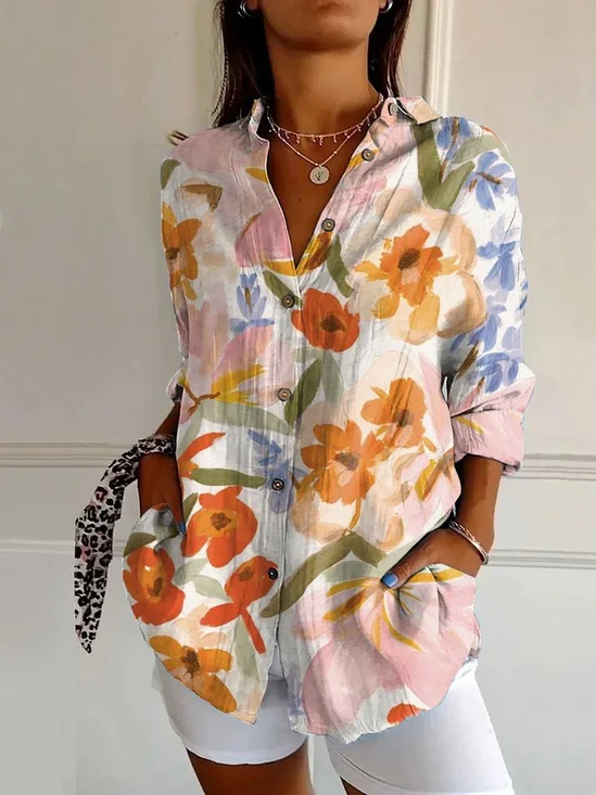 Women's Long Sleeve Shirt Spring/Fall As Picture Floral Buckle Shirt Collar Daily Going Out Casual Top