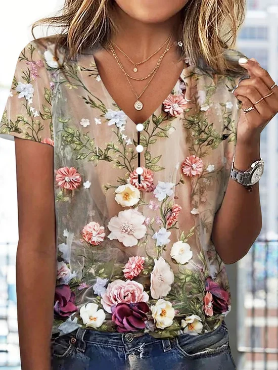 Print Casual V Neck Short Sleeve T-Shirt