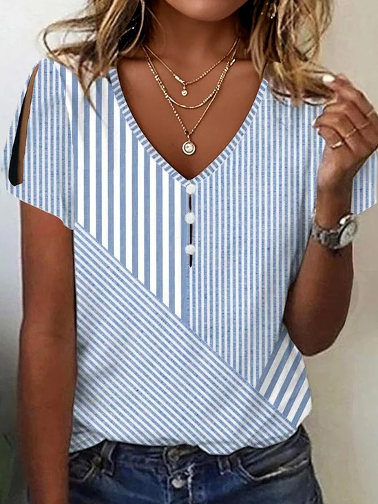 Print Casual V Neck Short Sleeve T-Shirt