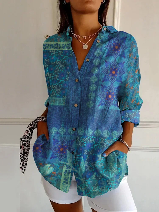Women's Long Sleeve Shirt Spring/Fall Blue Floral Buckle Shirt Collar Daily Going Out Casual Top