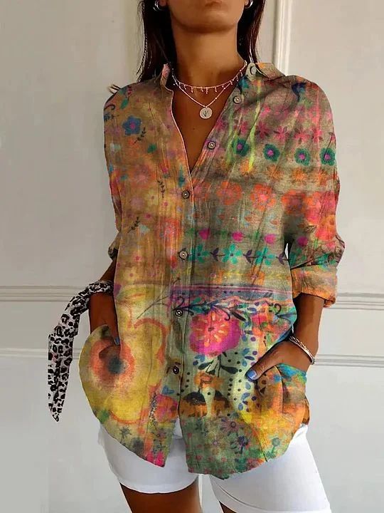 Women's Long Sleeve Shirt Spring/Fall As Picture Floral Buckle Shirt Collar Daily Going Out Casual Top