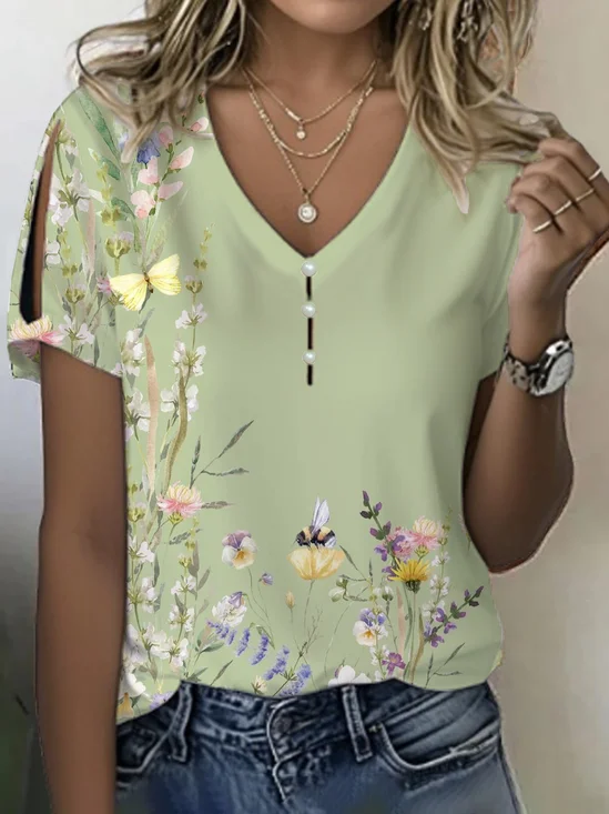 Women's Floral Print Casual V-Neck Pearl Button T-Shirt