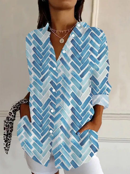 Women's Long Sleeve Shirt Spring/Fall Blue Geometric Buckle Shirt Collar Daily Going Out Casual Top
