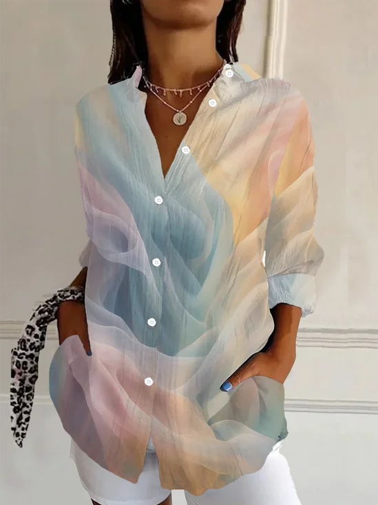 Women's Long Sleeve Shirt Spring/Fall As Picture Ombre Buckle Shirt Collar Daily Going Out Casual Top