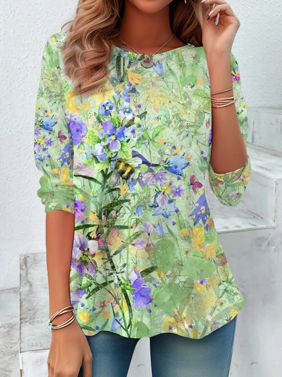 Women's Floral Print Casual Crew Neck Tunic T-Shirt